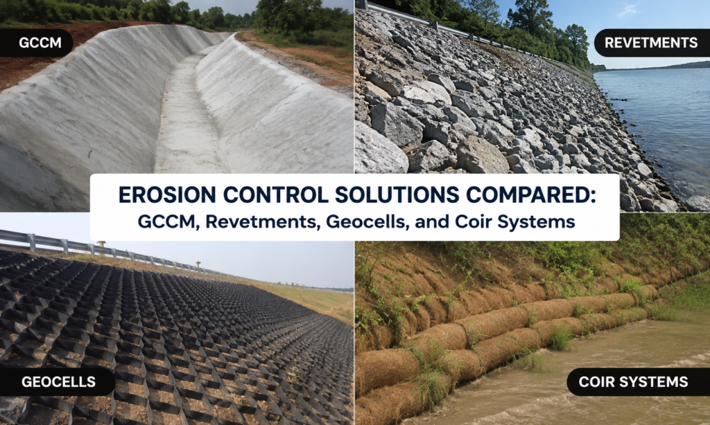 Erosion Control Solutions Compared: GCCM, Revetments, Geocells, and Coir Systems