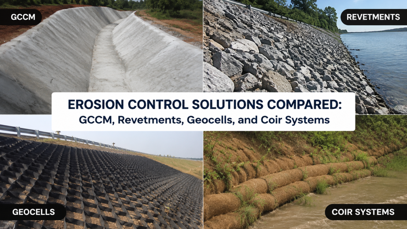 Erosion Control Solutions Compared: GCCM, Revetments, Geocells, and Coir Systems